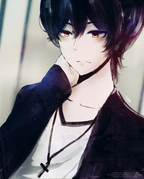 Anime picture 2900x3596 with original aoi ogata tall image fringe highres short hair black hair hair between eyes signed yellow eyes looking down hand on face boy cross cross necklace