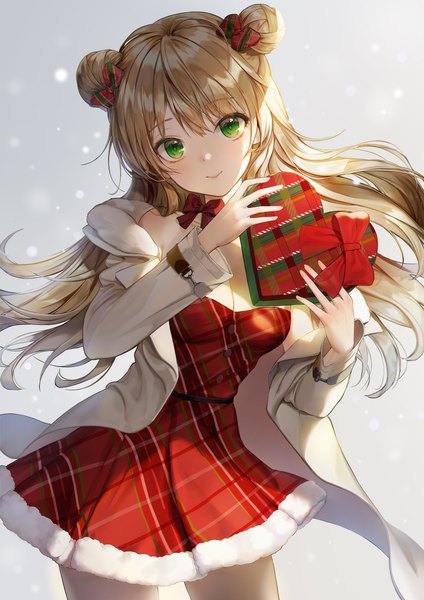 Anime picture 1500x2122 with girls frontline rfb (girls frontline) rfb (how rfb stole xmas) (girls frontline) minncn single long hair tall image looking at viewer fringe breasts smile hair between eyes brown hair standing holding green eyes cleavage long sleeves head tilt off shoulder