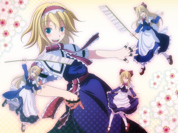 Anime picture 1600x1200 with touhou alice margatroid shanghai s-syogo blush short hair open mouth blue eyes blonde hair one eye closed wink girl dress bow weapon hair bow hairband doll (dolls)
