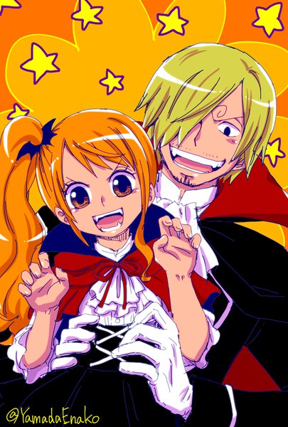 Anime picture 1378x2039 with one piece toei animation nami (one piece) sanji yamadaenako long hair tall image looking at viewer blush fringe short hair open mouth blonde hair smile holding brown eyes signed upper body head tilt :d