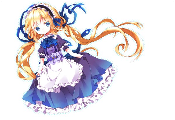 Anime picture 1700x1170 with original kagami reido (artist) single long hair looking at viewer blue eyes simple background blonde hair white background twintails maid girl ribbon (ribbons) hair ribbon headdress maid headdress apron