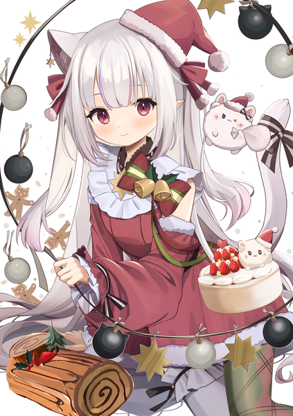 Anime-Bild 1138x1615 mit original goma (u p) single tall image looking at viewer fringe simple background smile red eyes white background animal ears white hair tail blunt bangs long sleeves animal tail pointy ears grey hair cat ears cat girl