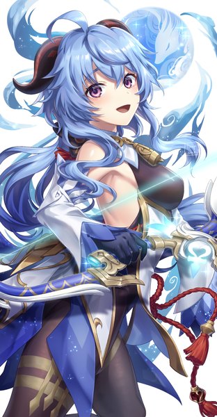 Anime picture 600x1153 with genshin impact ganyu (genshin impact) kamuinii single long hair tall image looking at viewer fringe open mouth light erotic hair between eyes purple eyes blue hair ahoge :d horn (horns) girl gloves weapon detached sleeves