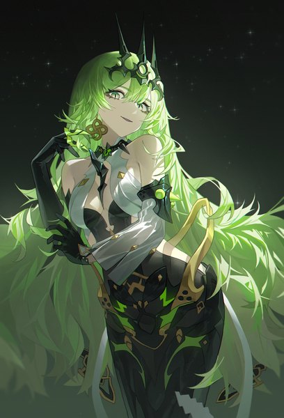 Anime picture 1359x2000 with honkai impact 3rd honkai (series) mobius (honkai impact) lettereast single long hair tall image looking at viewer fringe simple background hair between eyes standing green eyes cleavage green hair from below turning head black background girl gloves