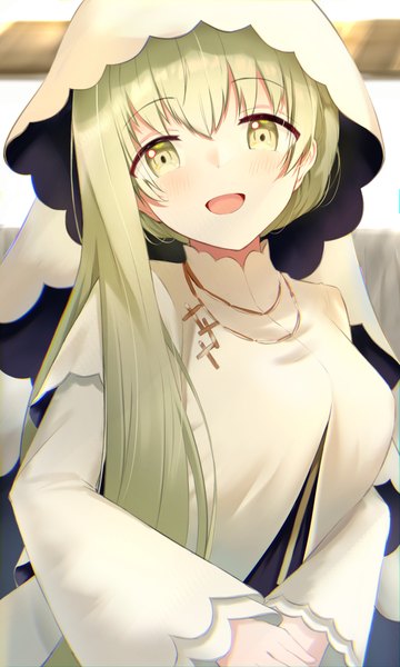 Anime picture 2166x3608 with shiro seijo to kuro bokushi cecilia (shiro seijo to kuro bokushi) rio beginner single long hair tall image looking at viewer fringe highres open mouth hair between eyes green eyes upper body head tilt :d green hair girl cross cross necklace habit