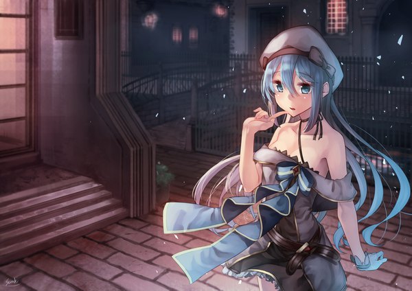 Anime picture 4093x2894 with original lee-chan (saraki) saraki single long hair blush fringe highres breasts open mouth blue eyes light erotic hair between eyes bare shoulders signed blue hair absurdres cleavage outdoors arm up