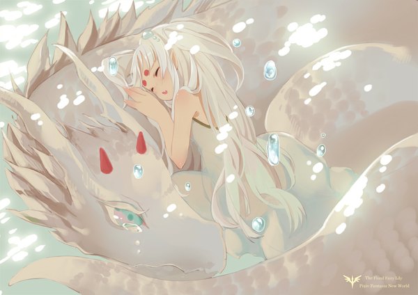 Anime picture 1000x707 with mia0309 single long hair blush open mouth blue eyes white background looking away white hair eyes closed horn (horns) sunlight facial mark underwater sleeping girl dress water white dress bubble (bubbles)