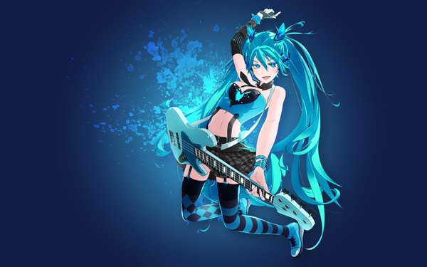 Anime picture 1920x1200 with vocaloid hatsune miku assassinwarrior dr long hair looking at viewer blush highres open mouth smile twintails bare shoulders bent knee (knees) pleated skirt aqua eyes aqua hair bare belly sleeveless plaid skirt blue background