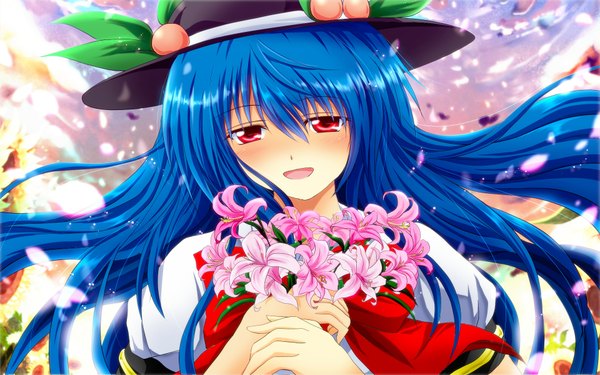 Anime picture 1920x1200 with touhou hinanawi tenshi nekominase single long hair blush highres open mouth red eyes wide image blue hair girl flower (flowers) hat petals peach