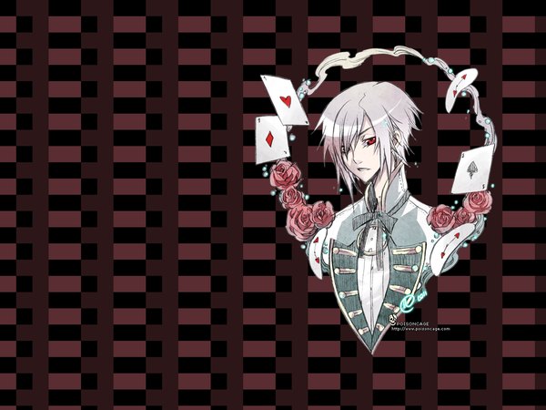 Anime picture 1280x960 with x-down lapin blanc (x-down) rannsama single looking at viewer short hair red eyes silver hair white hair boy flower (flowers) ribbon (ribbons) rose (roses) suit card (cards) fireflies