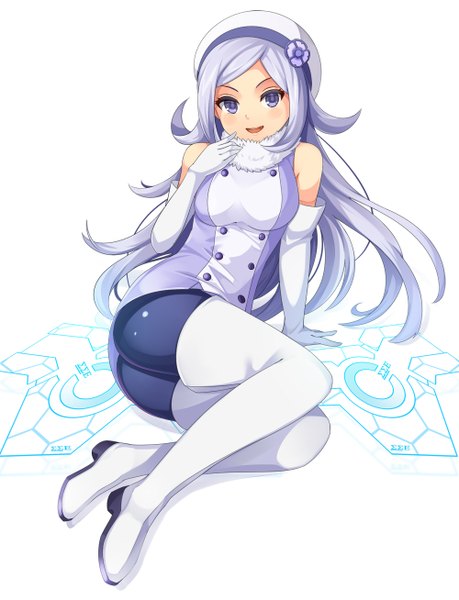 Anime picture 1000x1308 with mobile suit gundam gundam build fighters sunrise (studio) aila jyrkiainen yato (pondel) single long hair tall image looking at viewer blush open mouth blue eyes smile white background bare shoulders blue hair girl gloves elbow gloves thigh boots