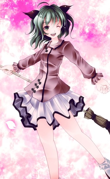 Anime picture 2894x4682 with touhou kasodani kyouko s-syogo single tall image highres short hair open mouth green eyes animal ears ahoge one eye closed green hair wink girl skirt miniskirt petals broom