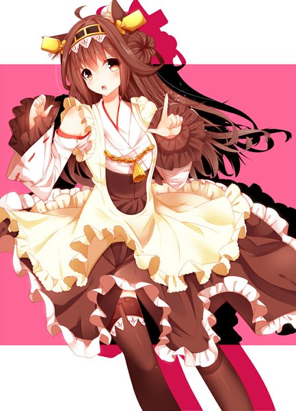 Anime picture 722x1000 with kantai collection kongou battleship fumufumu single long hair tall image looking at viewer blush open mouth brown hair brown eyes ahoge nontraditional miko girl thighhighs dress hair ornament black thighhighs detached sleeves frills