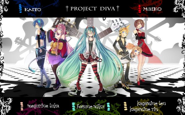 Anime picture 1280x800 with project diva vocaloid kocchi muite baby (vocaloid) hatsune miku megurine luka kagamine rin kagamine len kaito (vocaloid) meiko tagme (artist) long hair short hair wide image twintails very long hair group girl thighhighs striped thighhighs guitar