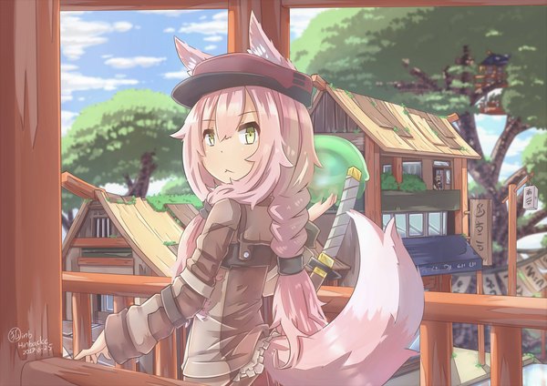 Anime picture 3508x2480 with original hinbackc long hair fringe highres hair between eyes standing multiple girls holding green eyes signed animal ears pink hair absurdres sky cloud (clouds) outdoors tail braid (braids) animal tail