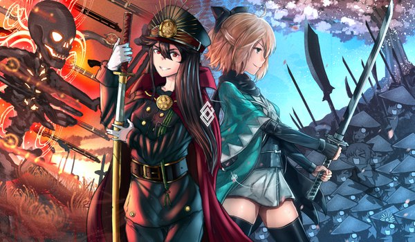 Anime picture 1500x875 with fate (series) fate/grand order koha-ace okita souji (fate) (all) okita souji (koha-ace) oda nobunaga (fate) (all) oda nobunaga (fate) anonamos701 long hair looking at viewer fringe short hair black hair blonde hair smile hair between eyes red eyes wide image standing multiple girls