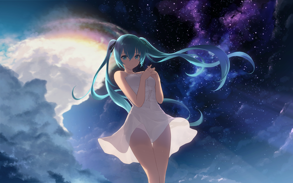 Anime-Bild 6496x4061 mit vocaloid hatsune miku cait single long hair looking at viewer fringe highres smile hair between eyes standing twintails bare shoulders absurdres cloud (clouds) aqua eyes wind aqua hair night night sky