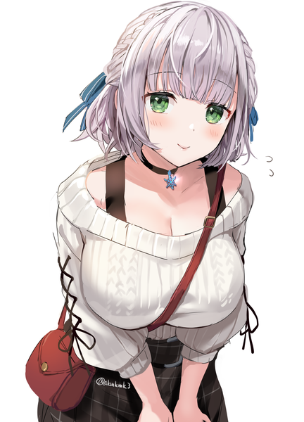 Anime picture 1000x1390 with virtual youtuber hololive shirogane noel shirogane noel (3rd costume) akamoku single tall image looking at viewer blush fringe short hair breasts simple background smile large breasts white background green eyes signed cleavage silver hair