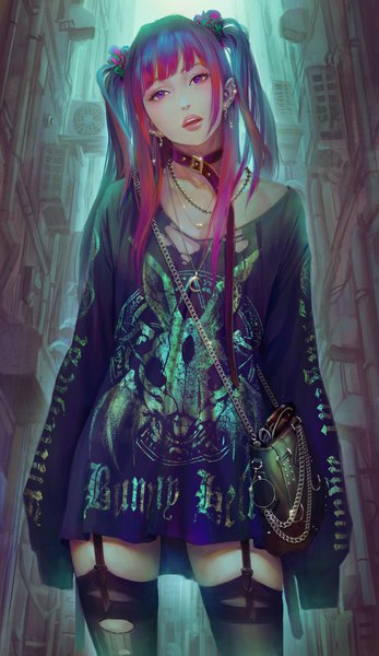 Anime picture 1000x1729 with original moyamoya single long hair tall image looking at viewer fringe open mouth standing payot pink hair pink eyes lips realistic two side up zettai ryouiki short twintails eyeshadow hands in sleeves alley