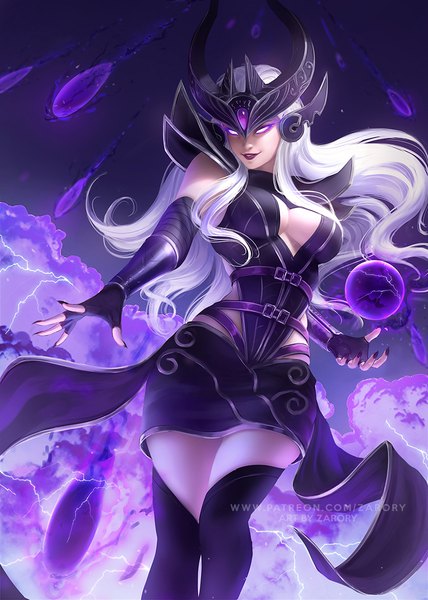 Anime-Bild 857x1200 mit league of legends syndra zarory single long hair tall image breasts light erotic smile large breasts purple eyes looking away cleavage white hair nail polish from below lipstick magic watermark witch