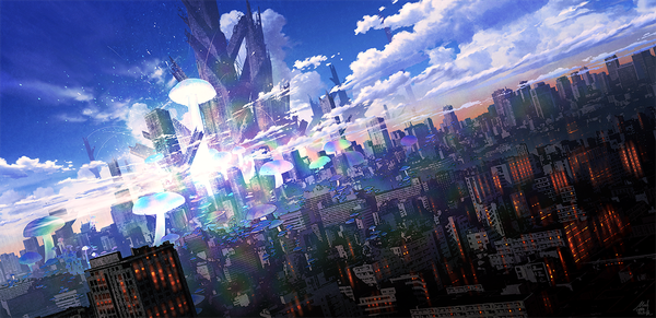 Anime picture 1300x632 with sabikui bisco mocha (cotton) wide image signed sky cloud (clouds) outdoors official art city cityscape no people landscape fantasy scenic city lights building (buildings) skyscraper mushroom (mushrooms)