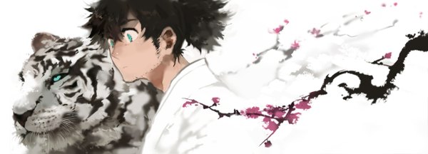 Anime picture 1400x506 with nod (pixiv) black hair wide image ponytail aqua eyes cherry blossoms boy animal branch tiger white tiger