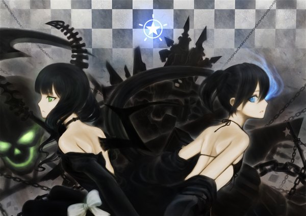 Anime picture 3508x2480 with black rock shooter black rock shooter (character) dead master siv (kuroino) highres short hair blue eyes black hair twintails multiple girls green eyes absurdres horn (horns) glowing glowing eye (eyes) black wings checkered floor checkered checkered background girl