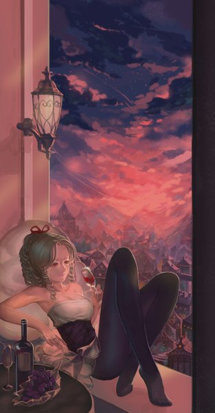 Anime picture 1568x3000 with original pixiv fantasia pixiv fantasia fallen kings quaanqin single tall image short hair red eyes bare shoulders sky cloud (clouds) grey hair drill hair girl dress pantyhose black pantyhose bottle wine glass