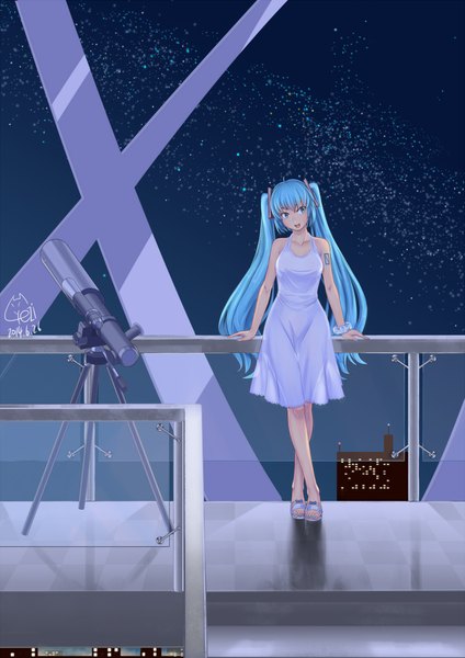 イラスト 1500x2120 と ボーカロイド 初音ミク dongqing zaozigao ソロ 長髪 長身像 カメラ目線 開いた口 ツインテール aqua eyes aqua hair night 女の子 ドレス 髪飾り 星 サラファン telescope