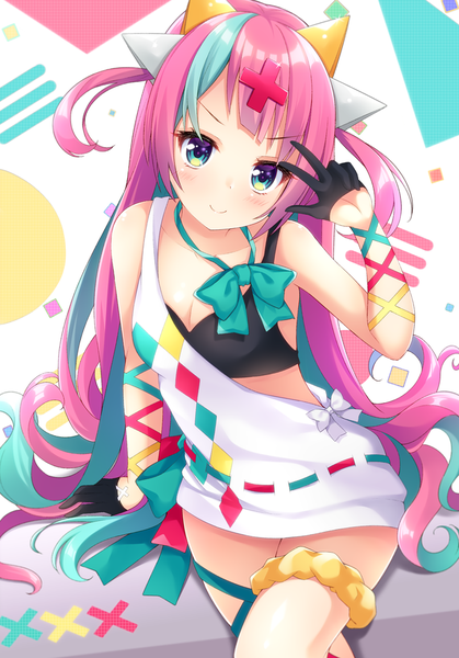 Anime picture 727x1041 with virtual youtuber the moon studio pinky pop hepburn maccha single long hair tall image looking at viewer blush fringe breasts light erotic smile sitting bare shoulders pink hair cleavage head tilt multicolored hair arm up