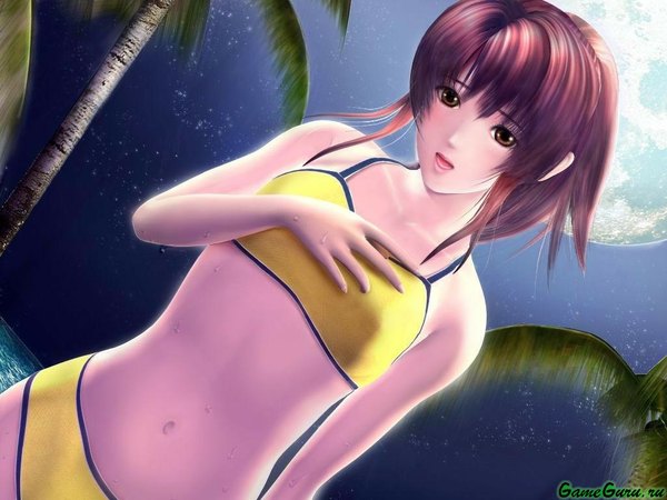 Anime picture 1024x768 with sexy beach sexy beach 2 tagme (artist) single blush open mouth smile brown hair standing brown eyes sky outdoors ponytail :d night wet night sky lipstick watermark flat chest