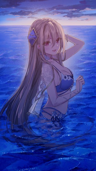 Anime picture 2160x3840 with heaven burns red shirakawa yuina sako (35s 00) single long hair tall image looking at viewer fringe highres breasts open mouth light erotic hair between eyes brown hair large breasts standing sky cleavage cloud (clouds) outdoors