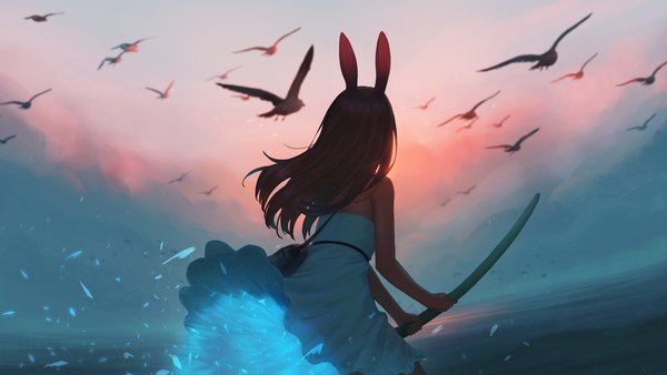 Anime picture 4000x2250 with original yao ren gui single long hair highres brown hair wide image bare shoulders animal ears absurdres sky cloud (clouds) outdoors from behind bunny ears sleeveless evening bunny girl horizon broom riding