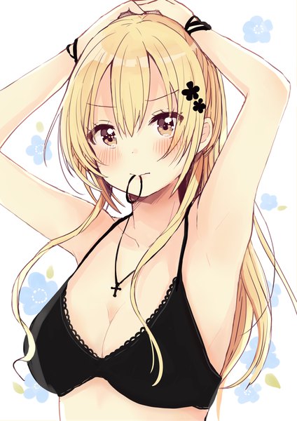 Anime picture 2894x4093 with original sakura oriko single long hair tall image looking at viewer blush fringe highres breasts light erotic simple background blonde hair hair between eyes white background holding brown eyes payot cleavage upper body