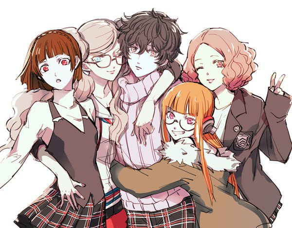 Anime picture 800x625 with persona 5 persona amamiya ren takamaki anne sakura futaba niijima makoto okumura haru zakki long hair short hair blue eyes black hair simple background red eyes brown hair white background multiple girls pink hair one eye closed pink eyes