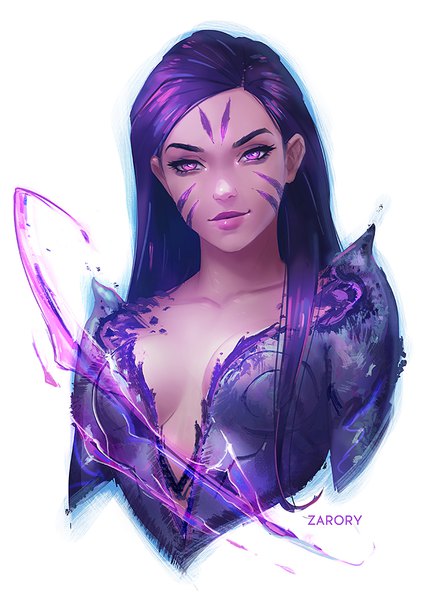 Anime-Bild 741x1000 mit league of legends kai'sa zarory single long hair tall image looking at viewer breasts light erotic simple background white background signed cleavage purple hair upper body pink eyes realistic lipstick magic pink lipstick