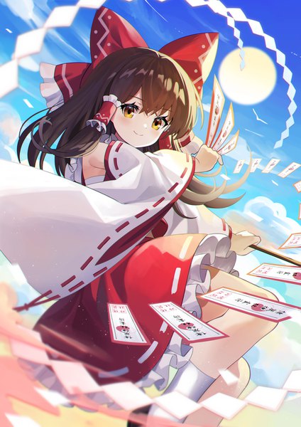 Anime picture 2894x4093 with touhou hakurei reimu yuujin (yuzinn333) single long hair tall image looking at viewer fringe highres smile hair between eyes brown hair bare shoulders holding yellow eyes payot sky cloud (clouds) outdoors traditional clothes