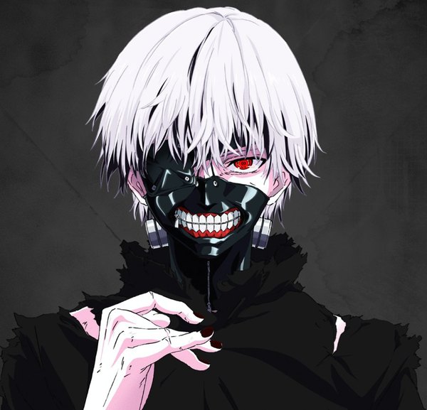 Anime picture 903x869 with tokyo ghoul studio pierrot kaneki ken single looking at viewer fringe short hair red eyes white hair arm up torn clothes boy mask zipper