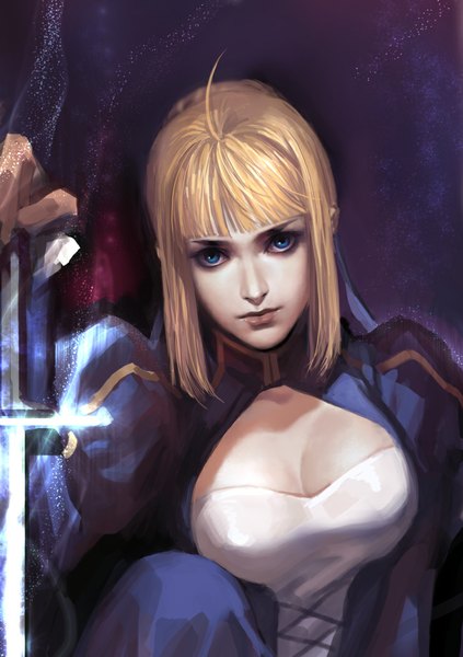 Anime picture 741x1050 with fate (series) fate/stay night type-moon artoria pendragon (all) saber shitsu soku k single tall image looking at viewer fringe breasts blue eyes cleavage ahoge bent knee (knees) blunt bangs lips open clothes lacing glow