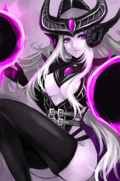 Anime picture 1200x1800 with league of legends syndra single long hair tall image breasts light erotic blonde hair large breasts purple eyes white hair magic girl thighhighs gloves black thighhighs elbow gloves
