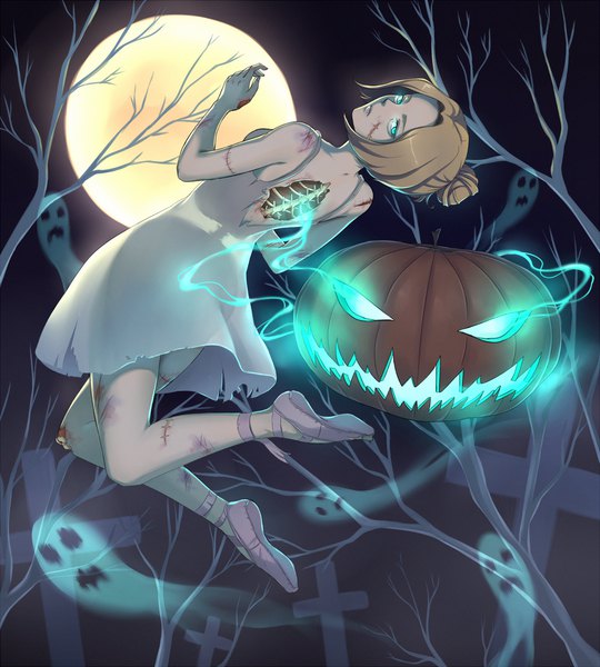 Anime picture 1350x1500 with league of legends orianna (league of legends) reiji-rj single tall image looking at viewer short hair blonde hair aqua eyes hair bun (hair buns) glowing scar halloween glowing eye (eyes) ghost bare tree injury midair deep wound spine