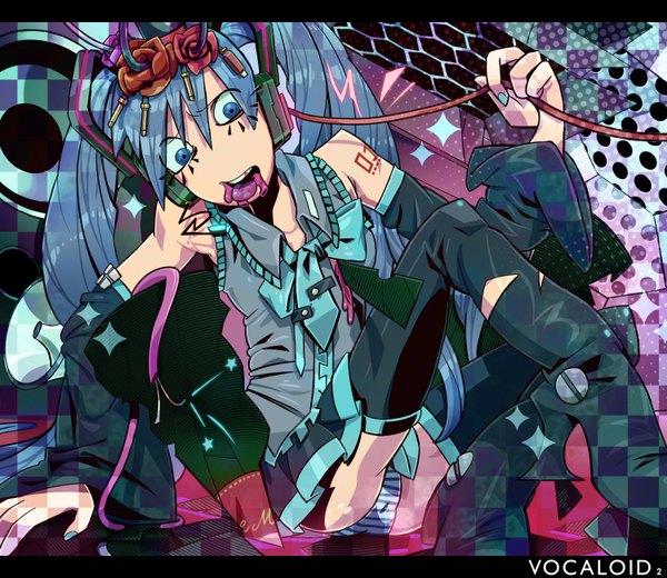 Anime picture 1500x1300 with vocaloid hatsune miku de (artist) blue eyes light erotic twintails bare shoulders blue hair nail polish pantyshot crazy girl hair ornament underwear panties detached sleeves tongue striped panties wire (wires)