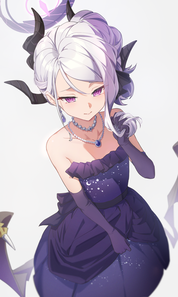 Anime picture 1380x2305 with blue archive hina (blue archive) hina (dress) (blue archive) reulem single long hair tall image simple background white background purple eyes silver hair horn (horns) from above official alternate costume low wings girl dress gloves earrings wings