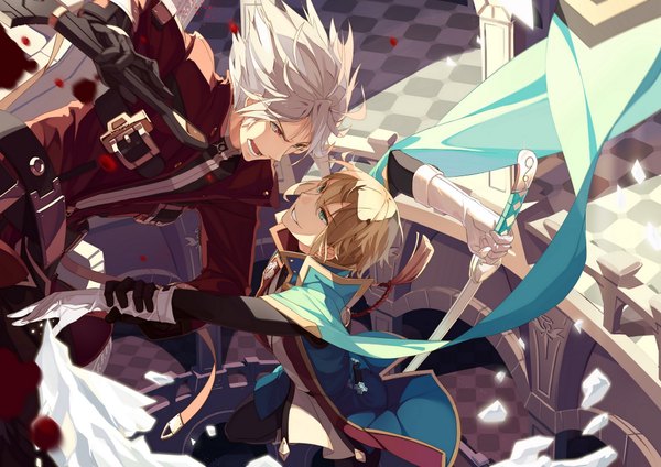Anime picture 2000x1414 with blazblue blazblue phase 0 ragna the bloodedge jin kisaragi selenoring highres short hair blonde hair red eyes green eyes aqua eyes grey hair sunlight multiple boys magic face to face jumping multicolored eyes weightlessness battle