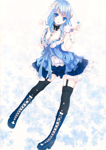 Anime picture 2568x3637 with cielitz single long hair tall image looking at viewer highres open mouth blue eyes animal ears blue hair girl thighhighs dress black thighhighs boots