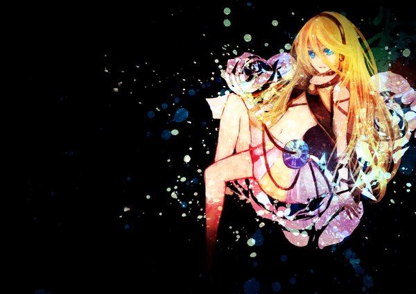 Anime picture 1024x724 with vocaloid lily (vocaloid) single long hair looking at viewer blonde hair sitting aqua eyes open clothes dark background girl skirt navel hairband