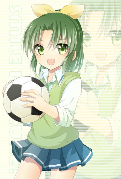 Anime picture 675x1000 with precure smile precure! toei animation midorikawa nao izumi39 single long hair tall image looking at viewer blush open mouth green eyes ponytail green hair zoom layer girl uniform bow hair bow school uniform