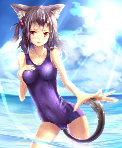 Anime picture 2479x3000 with original sakura ani single long hair tall image highres light erotic black hair red eyes animal ears cloud (clouds) sunlight cat ears cat tail girl swimsuit one-piece swimsuit school swimsuit