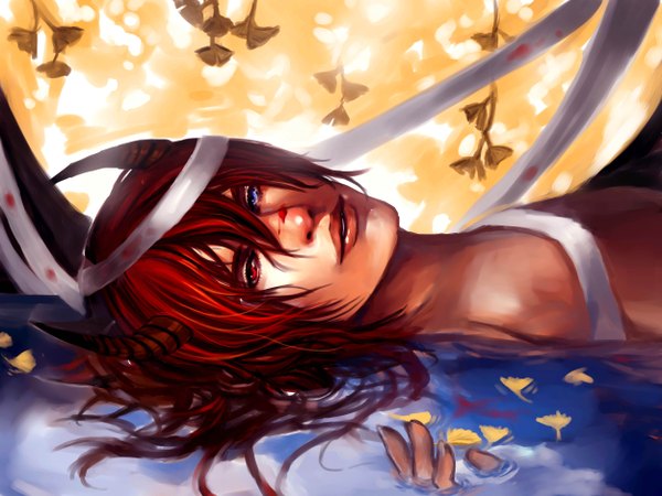 Anime picture 5000x3750 with original kirin-no-hinote highres blue eyes red eyes absurdres red hair lying horn (horns) realistic heterochromia topless face boy ribbon (ribbons) water blood bandage (bandages)