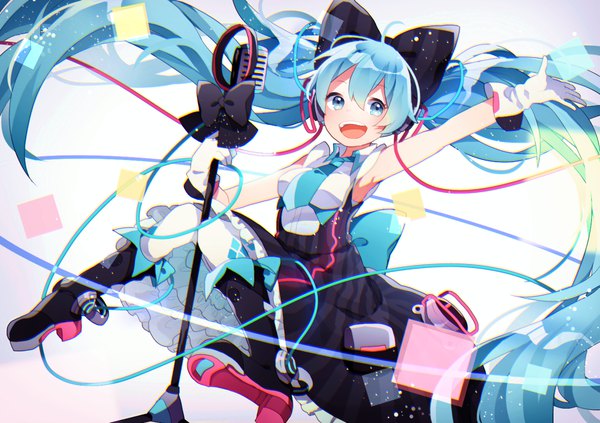 Anime picture 1600x1128 with vocaloid magical mirai (vocaloid) hatsune miku magical mirai miku magical mirai miku (2016) komadori ui single long hair looking at viewer fringe breasts open mouth blue eyes smile hair between eyes twintails holding ahoge very long hair :d